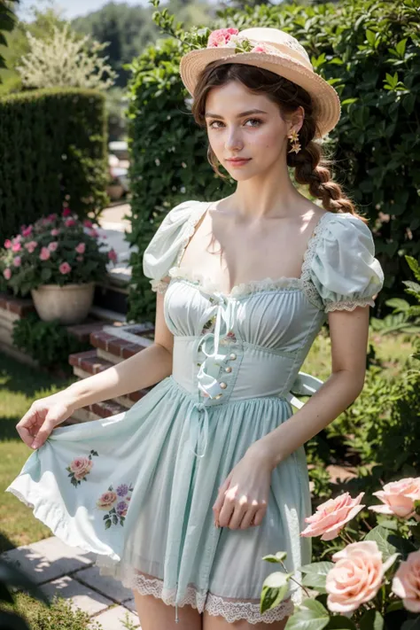 (realistic:1.3), finely detailed, quality, rembrandt lighting, (masterpiece:1.2), (photorealistic:1.2), (best quality), (detailed skin:1.3), (intricate details), dramatic, ray tracing, 1girl, british girl, 21 years old, detailed skin texture, (blush:0.5), (goosebumps:0.5), subsurface scattering, smiling, medium breasts, long braided hair, blonde hair, bangs, hair between eyes, c0tt4g3, cotton dress, (cincher:1.1), sun hat, (floral print:1.1), lace, bow, short puffy sleeves, cowboy shot, (bright sunny day, outdoors, garden, flowers, classical victorian farmhouse, sky), <lora:Outfit_CottageCore:0.8>