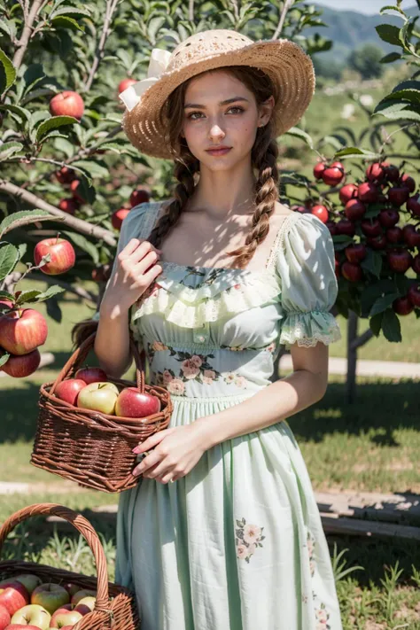 (realistic:1.3), finely detailed, quality, rembrandt lighting, (masterpiece:1.2), (photorealistic:1.2), (best quality), (detailed skin:1.3), (intricate details), dramatic, ray tracing, 1girl, british girl, 21 years old, detailed skin texture, (blush:0.5), (goosebumps:0.5), subsurface scattering, smiling, medium breasts, long braided hair, blonde hair, bangs, hair between eyes, c0tt4g3, cotton dress, (cincher:1.1), sun hat, (floral print:1.1), lace, bow, short puffy sleeves, cowboy shot, (bright sunny day, outdoors, apple farm, rows of apple trees, basket of apples, sky), <lora:Outfit_CottageCore:0.8>