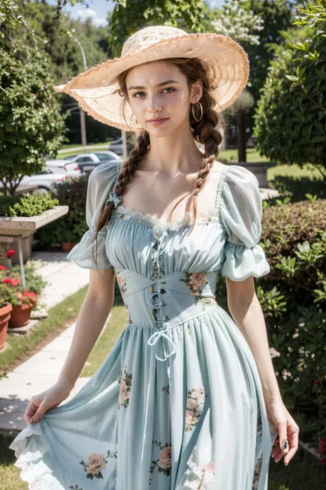 (realistic:1.3), finely detailed, quality, rembrandt lighting, (masterpiece:1.2), (photorealistic:1.2), (best quality), (detailed skin:1.3), (intricate details), dramatic, ray tracing, 1girl, british girl, 21 years old, detailed skin texture, (blush:0.5), (goosebumps:0.5), subsurface scattering, smiling, medium breasts, long braided hair, blonde hair, bangs, hair between eyes, c0tt4g3, cotton dress, (cincher:1.1), sun hat, (floral print:1.1), lace, bow, short puffy sleeves, cowboy shot, (bright sunny day, outdoors, garden, flowers, classical victorian farmhouse, sky), <lora:Outfit_CottageCore:0.8>