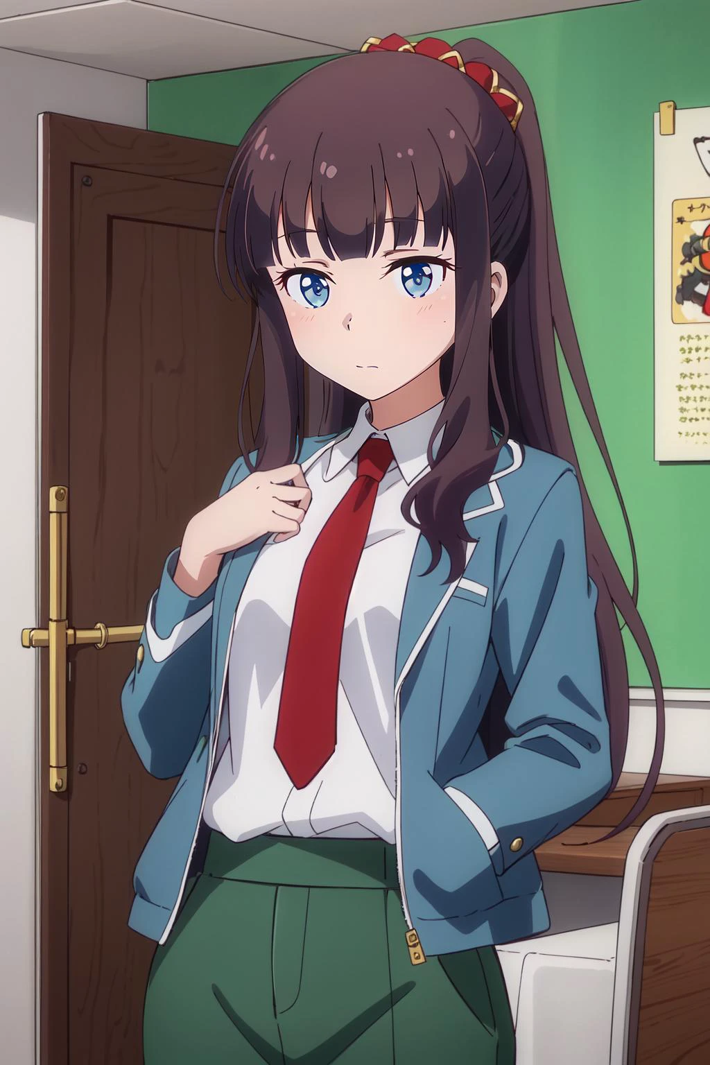 (masterpiece, best quality), intricate details,
1girl, solo, <lora:hifumi:0.8> takimoto hifumi,
<lora:attire_uauniforms:0.8> u.a. school uniform, grey jacket, red necktie, green skirt, green pants,