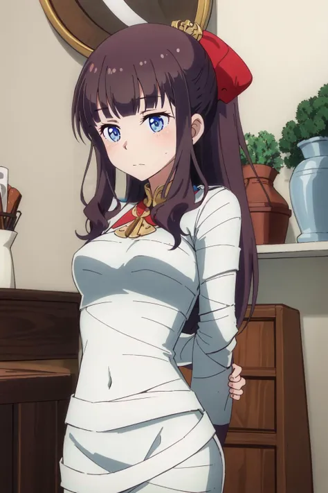 (masterpiece, best quality),  intricate details,
1girl, solo,  <lora:hifumi:0.8> takimoto hifumi, 
 <lora:MummyV2:0.8> mummification \(bound\), bandages, arms behind back,