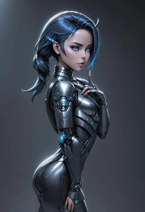 Cybercore Aesthetic,a woman with a futuristic face and body holding a finger to her ear, Metallic skin, Android woman, Ai-Mitsu, cybernetic, cyberpunk art, computer art, comic book art, cinematic angle, cinematic lighting, best quality, masterpiece , <lora:Cybercore:0.8>