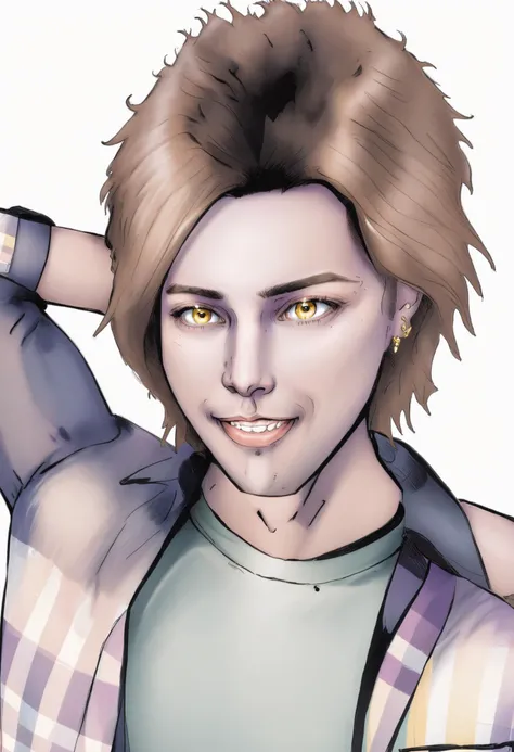 Duskfallcrew Art Style, solo, smile, simple background, brown hair, shirt, 1boy, white background, jewelry, yellow eyes, upper body, male focus, earrings, plaid, plaid shirt <lora:dskartponyxl:1>