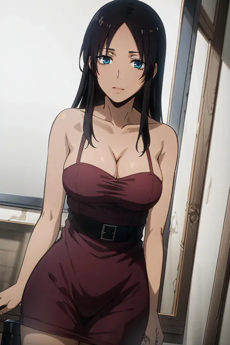 best quality, (masterpiece:1.2), detailed,
<lora:chara_Gangsta_AlexBenedetto_v1:0.8>, alex benedetto,
1girl, solo, closed mouth, dark skin,
black hair, blue eyes, long hair,
bare shoulders, (red dress:1.2), cleavage, collarbone,
standing, looking at the viewer,
indoors