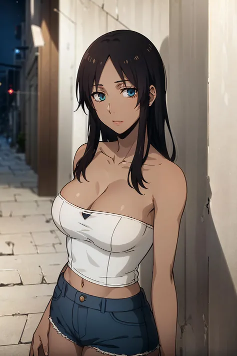 best quality, (masterpiece:1.2), detailed,
<lora:chara_Gangsta_AlexBenedetto_v1:0.8>, alex benedetto,
1girl, solo, closed mouth, dark skin,
black hair, blue eyes, long hair,
(strapless:1.2), cleavage, collarbone, shorts, navel,
standing, looking at the viewer,
street, night