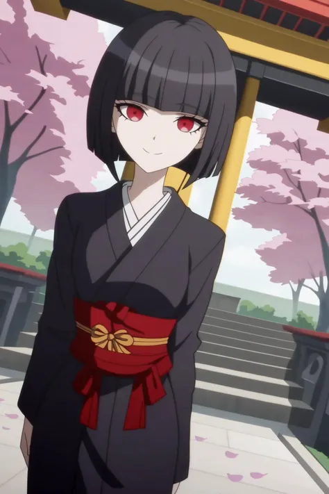 source_anime, score_9, score_8_up, score_7_up, anime screencap,8k, absurd res, 
celestia ludenberg, bob cut, blunt bangs, short hair, bangs, black hair, red eyes,
kimono, temple, cherry blossoms, smile, looking at viewer, cowboy shot, dutch angle, 
 <lora:celestia_pony_v1:0.8>