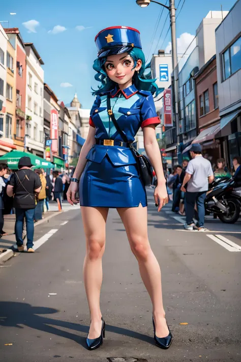 jenny, blue hair, brown eyes,hat, police uniform, skirt, flats, looking at viewer, smiling, full body shot, standing, outside, city, street, crowd, blue sky, high quality, masterpiece,  <lora:PKMN_Jenny-DEF:.7>