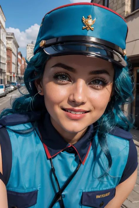 jenny, blue hair, brown eyes,hat, police uniform, looking at viewer, smiling, close up, outside, cityscape, blue sky, high quality, masterpiece, <lora:PKMN_Jenny-DEF:.7>