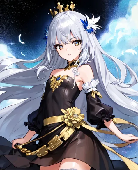 <lora:YakitateJapan:1>, (((masterpiece))),best quality,illustration,(beautiful detailed girl),a girl,solo,bare shoulders,flat_chst,diamond and glaring eyes,beautiful detailed cold face,very long blue and sliver hair,floaing black feathers,wavy hair,black and white sleeves,gold and sliver fringes,a (blackhole) behind the girl,a silver triple crown inlaid with obsidian,(stand) on  the black ((mountain)),(depth) of (field)