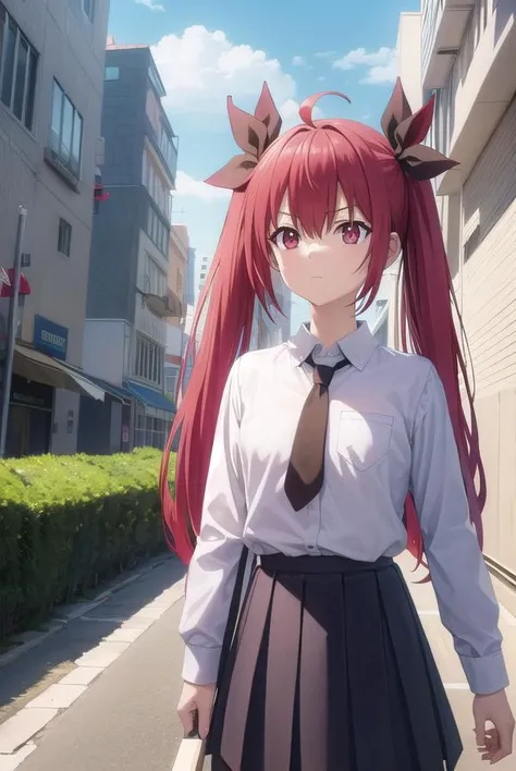 kotoriitsuka, <lora:kotori itsuka s2-lora-nochekaiser:1>,
kotori itsuka school uniform, long hair, skirt, shirt, (red eyes:1.3), thighhighs, long sleeves, ribbon, hair between eyes, twintails, very long hair, school uniform, white shirt, ahoge, red hair, pleated skirt, necktie, serafuku, black thighhighs, tree, blue skirt, zettai ryouiki, candy, black necktie, lollipop,
BREAK ,
BREAK outdoors, city, sky, clouds, buildings, sun,
BREAK looking at viewer, (cowboy shot:1.5),
BREAK <lyco:GoodHands-beta2:1>, (masterpiece:1.2), best quality, high resolution, unity 8k wallpaper, (illustration:0.8), (beautiful detailed eyes:1.6), extremely detailed face, perfect lighting, extremely detailed CG, (perfect hands, perfect anatomy),