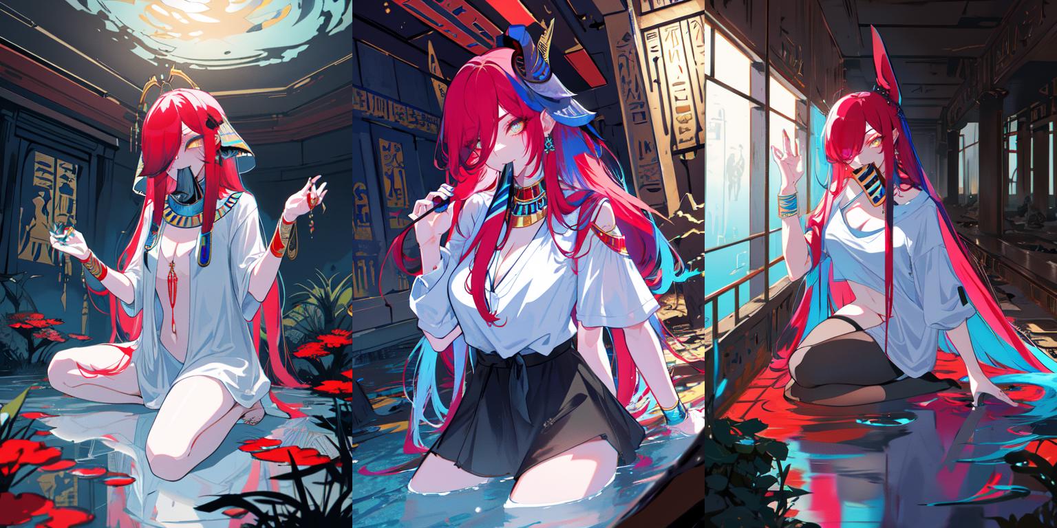 Anime girl with long red hair sitting on a bed in a room - SeaArt AI