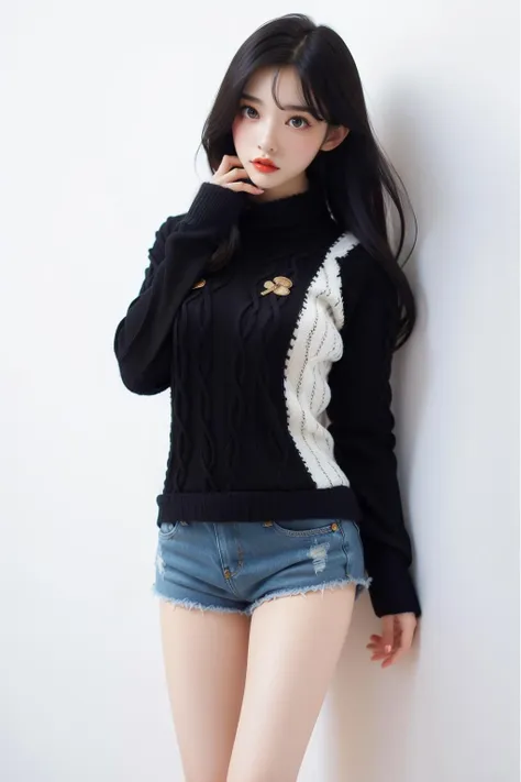 1girl,white background,(big chest:1.4),(standing:1.3),(denim_shorts:1.2),(big long legs:1.2),light leg,(black sweater:1.5),1 orange cat,purple eyes,