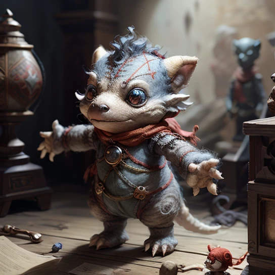sentient stuffed kobold doll telekineticist , three feet tall with arms, medieval high fantasy, stitched together, haunted, <lora:neg4all_bdsqlsz_V3.5:1> <lora:Mild detail adjusterV10_4:1> <lora:kFeltedReVv2:0.5> felted, <lora:RPGKobald:0.6> , solo focus