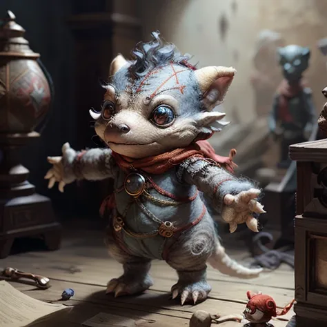 sentient stuffed kobold doll telekineticist , three feet tall with arms, medieval high fantasy, stitched together, haunted,  <lora:neg4all_bdsqlsz_V3.5:1> <lora:Mild detail adjusterV10_4:1> <lora:kFeltedReVv2:0.5> felted,  <lora:RPGKobald:0.6> ,  solo focus