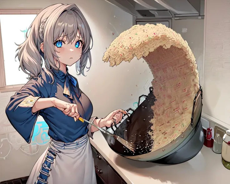 (best quality, masterpiece), ricewave, (1girl, solo,cooking, standing , gray hair, *//*, blue eye, *//*, white blouse, looking at viewer, closed mouth, upper body), (kitchen, holding wok, Spatula) <lora:fried-05:1>