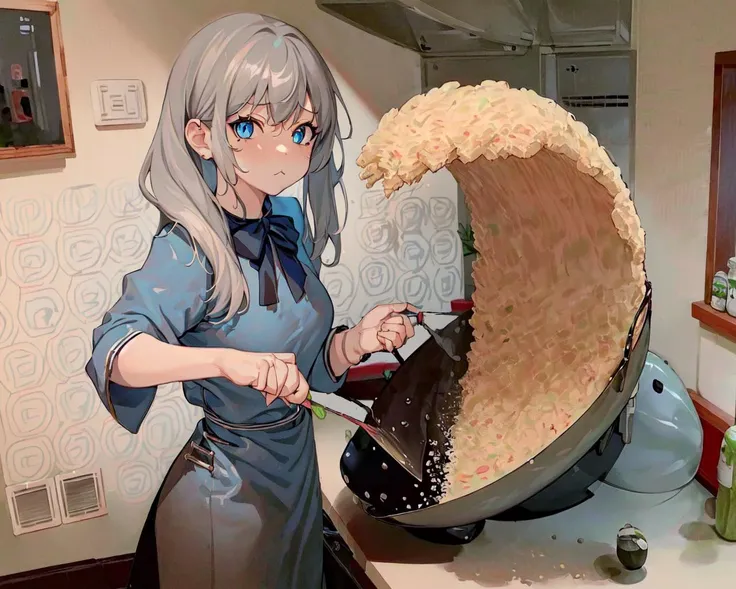 (best quality, masterpiece), ricewave, (1girl, solo,cooking, standing , gray hair, *//*, blue eye, *//*, white blouse, looking at viewer, closed mouth, upper body), (kitchen, holding wok, Spatula) <lora:fried-05:1>