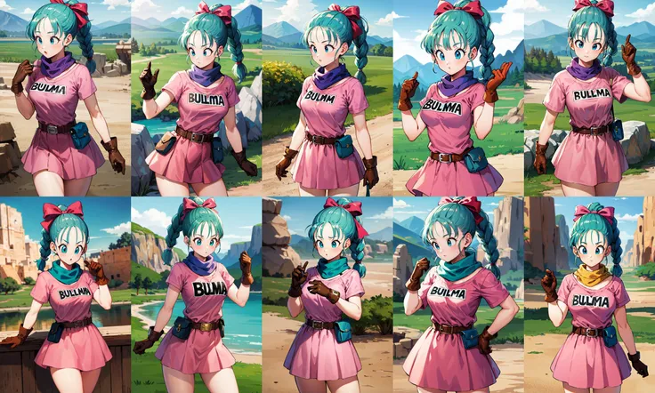The woman in the image has long green and blue hair, which falls gently over her shoulders. She has expressive and lively eyes, with long eyelashes. His face presents soft and proportional features, with a clear and radiant skin. His smile is warm and endearing, revealing white, lined teeth. She is wearing a blouse of vibrant color, which highlights her elegant and graceful figure. Her posture is confident and relaxed, conveying a sense of self-confidence and serenity, large breasts, cartoon, sleeve cover, perfect lighting, jojo