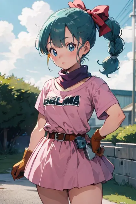 masterpiece, best quality, 1girl,  <lora:bulma_9:0.8>, dragon ball, blmpony, aqua hair, hair ribbon, braided ponytail, pink shirt, belt, scarf, pink skirt, clothes writing, brown gloves, petite, small breasts, Riding on motorcycle