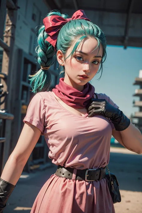 Best quality, masterpiece, ultra high res, raw photo, beautiful and aesthetic,deep shadow, dark theme,(photorealistic:1.4),
dragon ball, blmpony, aqua hair, hair ribbon, braided ponytail, pink shirt, belt, scarf, pink skirt, clothes writing, brown gloves, medium breasts,
Graceful poise, evocative atmosphere, magnetic presence, refined seduction, captivating mystique,
Intricate zentangle patterns, a single female figure, astonishing level of detail, generously endowed, portrait composition, striking perspective, a chaotic masterpiece, gracefully poised, inspired by brutalist architecture, vibrant color palette, undertones,