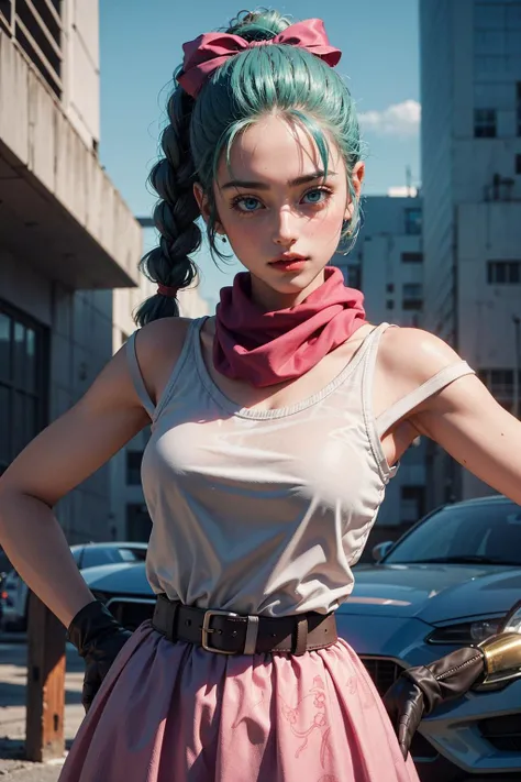 Best quality, masterpiece, ultra high res, raw photo, beautiful and aesthetic,deep shadow, dark theme,(photorealistic:1.4),
dragon ball, blmpony, aqua hair, hair ribbon, braided ponytail, pink shirt, belt, scarf, pink skirt, clothes writing, brown gloves, medium breasts,
Graceful poise, evocative atmosphere, magnetic presence, refined seduction, captivating mystique,
Intricate zentangle patterns, a single female figure, astonishing level of detail, generously endowed, portrait composition, striking perspective, a chaotic masterpiece, gracefully poised, inspired by brutalist architecture, vibrant color palette, undertones,