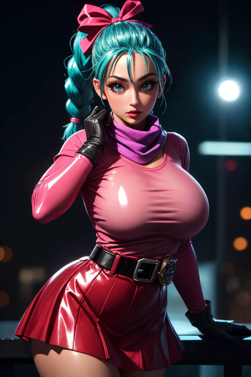 (ultra realistic,32k,RAW photo:1.1),(high detailed skin:1.1), 8k uhd, dslr, high quality, film grain, (makeup, mascara:1.1), lips,(thick\lips\),
(shiny glossy translucent clothing:1.1), <lora:bulma_9:0.6>dragon ball, blmpony, aqua hair, hair ribbon, braided ponytail, pink shirt, belt, scarf, pink skirt, clothes writing, brown gloves,, <lora:add_detail:0.8>, huge breast,
(looking at viewer, Bend forward:1.1),
(busty:1.1) , (chubby:0.1),(volumetric lighting:1.1),<lora:LowRA:0.4>, dark theme, veil of illusions, shimmering illusions, shifting reality, realm of tricksters