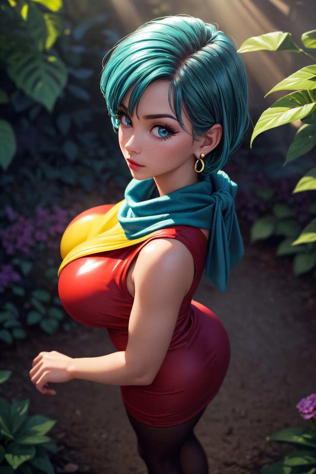 A woman in a red dress and blue hair is posing in a garden - SeaArt AI