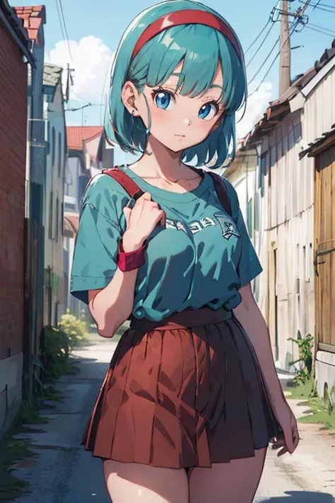 masterpiece, best quality, 1girl,  <lora:bulma_9:0.8>, dragon ball, blmmid, aqua hair, medium hair, blunt bangs, red hairband, medium breasts, shirt, skirt