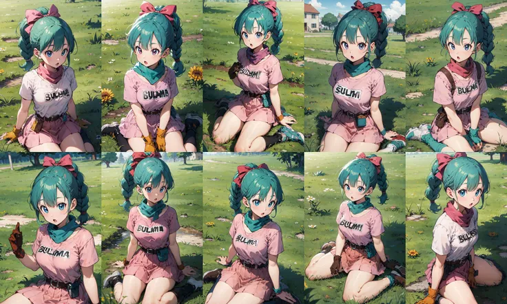 masterpiece, best quality, highres, dragon ball, blmpony, aqua hair, hair ribbon, braided ponytail, pink shirt, belt, scarf, pink skirt, clothes writing, brown gloves, medium breasts, <lora:bulma_v1:0.7>, field, grass, wariza, :o, sitting