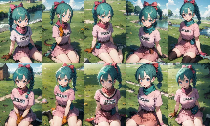 masterpiece, best quality, highres, dragon ball, blmpony, aqua hair, hair ribbon, braided ponytail, pink shirt, belt, scarf, pink skirt, clothes writing, brown gloves, medium breasts, <lora:bulma_v1:0.7>, field, grass, wariza, :o, sitting