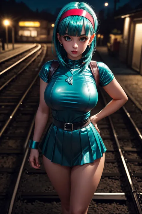 (ultra realistic,32k,RAW photo:1.1),(high detailed skin:1.1), 8k uhd, dslr, high quality, film grain, (makeup, mascara:1.1), lips,(thick\lips\),
(shiny glossy translucent clothing:1.1), <lora:bulma_9:0.6>dragon ball, blmmid, aqua hair, medium hair, blunt bangs, red hairband, shirt, skirt, <lora:add_detail:0.85>, huge breast,
(looking at viewer, standing from above:1.1),,
(busty:1.1) , (chubby:0.1),(beautifully lit:1.1),<lora:LowRA:0.4>, dark theme, train tracks, iron rails, distant whistle, transportation