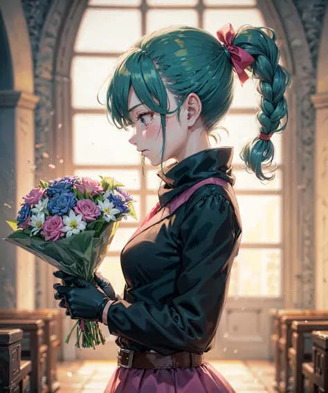 dragon ball, blmpony, aqua hair, hair ribbon, braided ponytail, pink shirt, belt, scarf, pink skirt, clothes writing, brown gloves, medium breastsï¼flower, male focus, black hair, spiked hair, white flower, formal, son goku, bald, holding, crying, holding flower,  suit, necktie, bouquet, multiple boys, vegeta, tears, backlighting, black jacket, shirt, profile,  crying with eyes open, jacket, black necktie, holding bouquet, black eyes, solo focus, white shirt, long sleeves,  upper body, from side, black suit, closed mouth, tears, in church <lora:bulma_9:0.8>