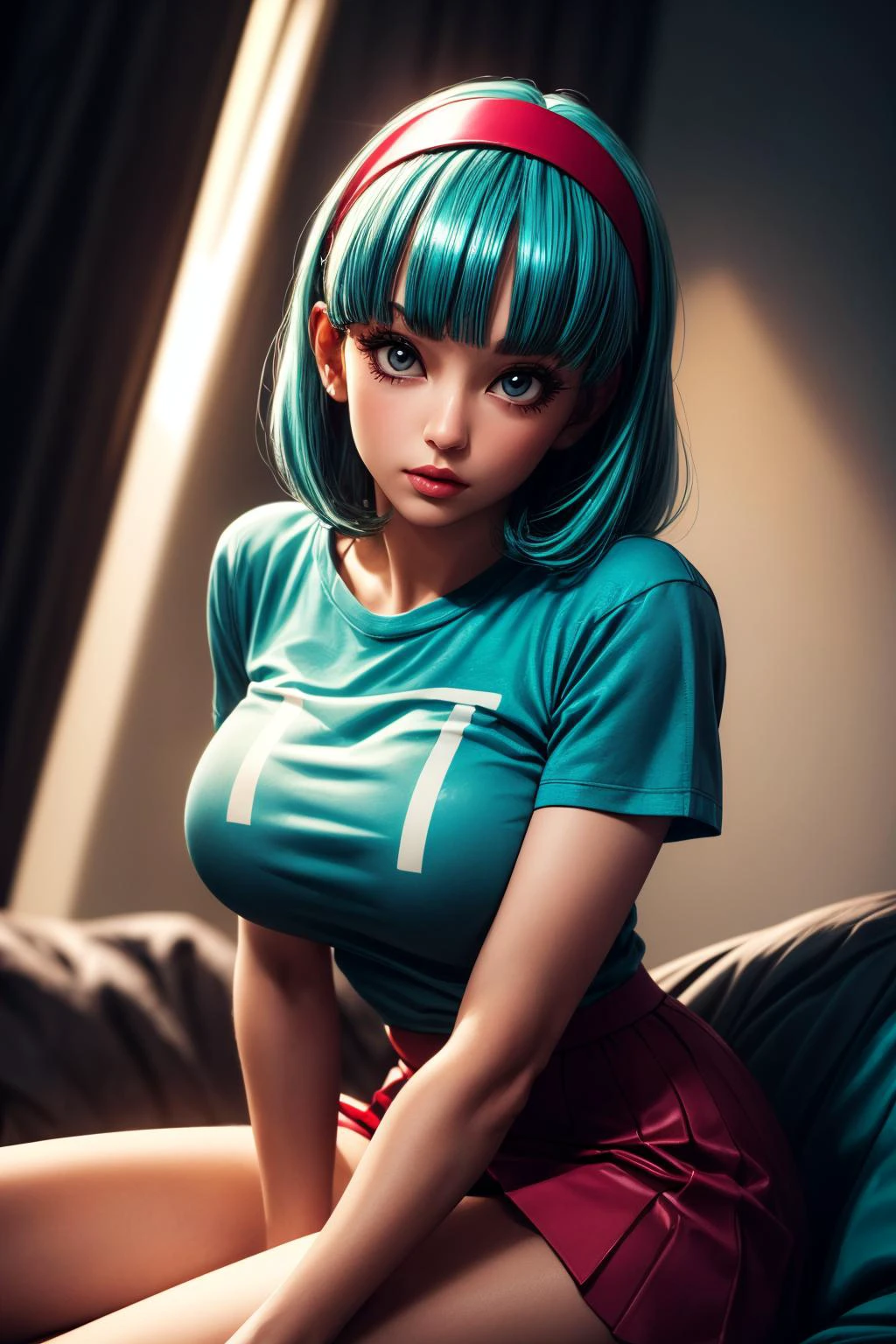 (ultra realistic,32k,RAW photo:1.1),(high detailed skin:1.1), 8k uhd, dslr, high quality, film grain, (makeup, mascara:1.1), lips,(thick\lips\),
(shiny glossy translucent clothing:1.1), <lora:bulma_9:0.6>dragon ball, blmmid, aqua hair, medium hair, blunt bangs, red hairband,T-shirt, shirt, skirt, <lora:add_detail:0.95>, huge breast,
(looking at viewer, sitting, crossed legs:1.1),,
(busty:1.1) , (chubby:0.1),(dense light rays:1.1),<lora:LowRA:0.4>, dark theme, blank background