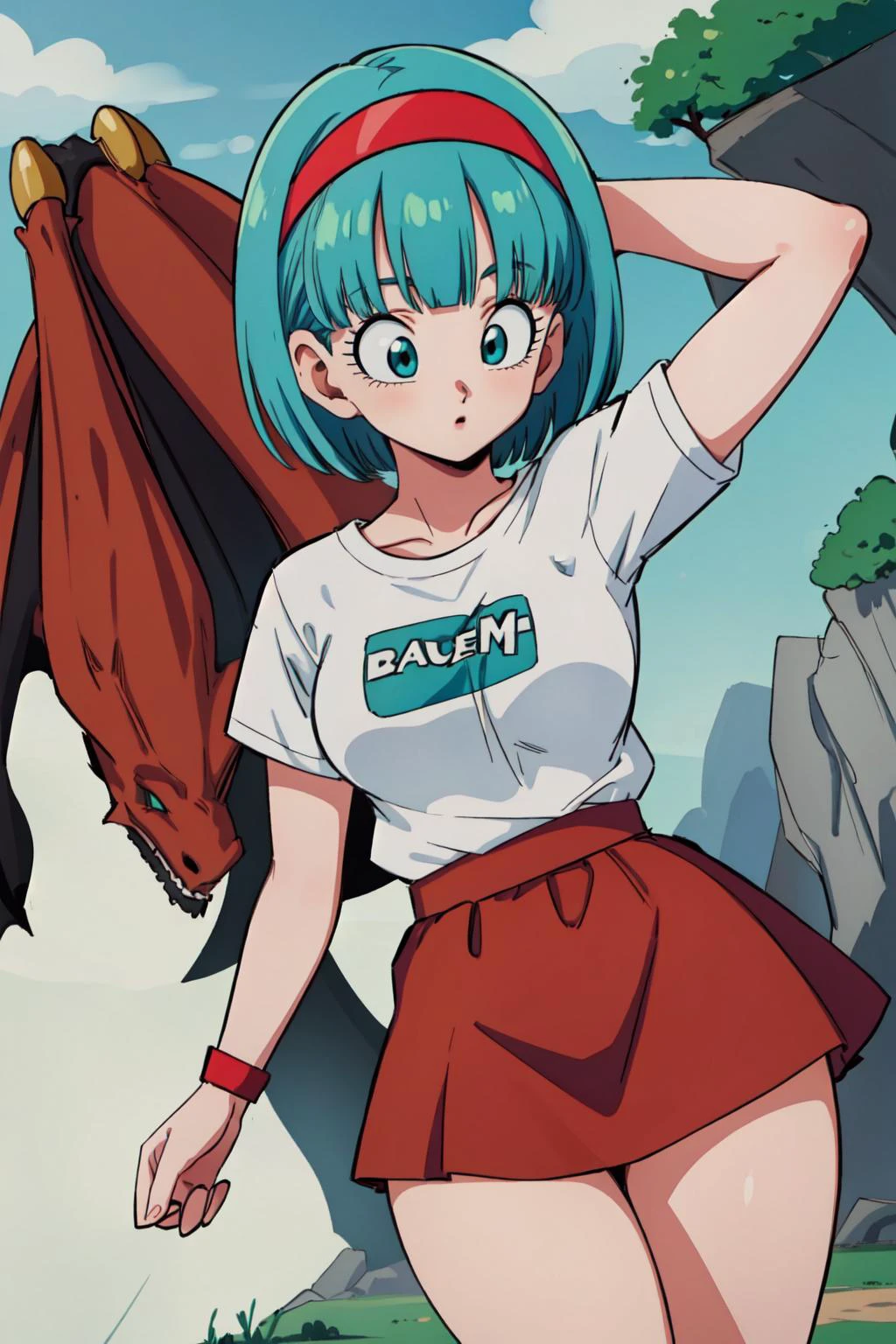1girl, solo, dragon ball, blmmid, aqua hair, medium hair, blunt bangs, red hairband, medium breasts, shirt, skirt, <lora:bulma_9:0.6> masterpiece, best quality, highres,