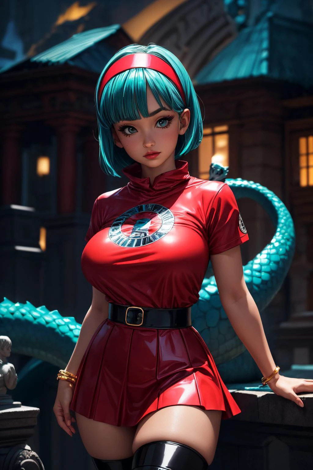 (ultra realistic,32k,RAW photo:1.1),(high detailed skin:1.1), 8k uhd, dslr, high quality, film grain, (makeup, mascara:1.1), lips,(thick\lips\),
(shiny glossy translucent clothing:1.1), <lora:bulma_9:0.6>dragon ball, blmmid, aqua hair, medium hair, blunt bangs, red hairband,T-shirt, shirt, skirt, thigh highs, <lora:add_detail:0.87>, huge breast,
(looking at viewer, Bend forward:1.1),
(busty:1.1) , (chubby:0.1),(ambient lighting:1.1),<lora:LowRA:0.4>, dark theme, An environment with Aztec tendencies and many sculptures