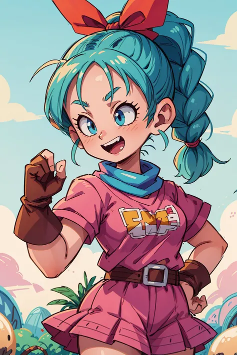 ((best quality, masterpiece)), ((style-swirlmagic):0.4),
1girl, power pose, <lyco:bulma_v1:0.7>dragon ball, blmpony, aqua hair, hair ribbon, braided ponytail, pink shirt, belt, scarf, pink skirt, clothes writing, brown gloves, smile, open mouth,
<lora:more_details:0.3>, <lora:bulma_9:0.6>