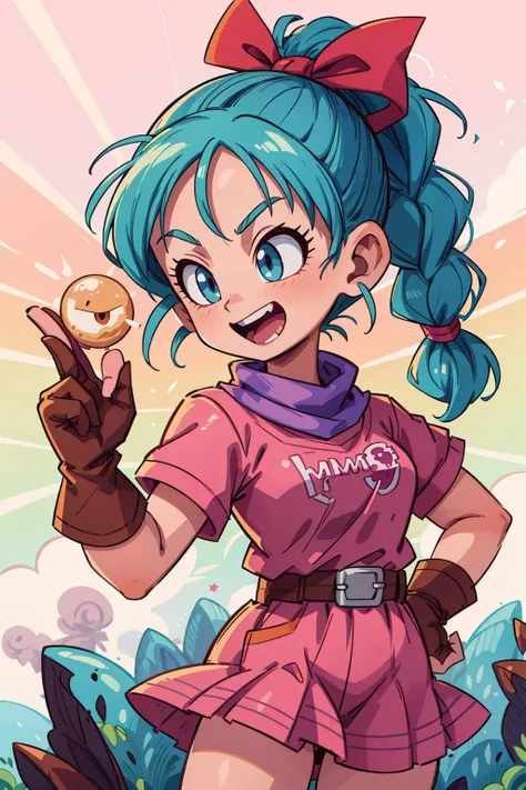 ((best quality, masterpiece)), ((style-swirlmagic):0.4),
1girl, power pose,  <lyco:bulma_v1:0.7>dragon ball, blmpony, aqua hair, hair ribbon, braided ponytail, pink shirt, belt, scarf, pink skirt, clothes writing, brown gloves, smile, open mouth,
<lora:more_details:0.3>,   <lora:bulma_9:0.6>