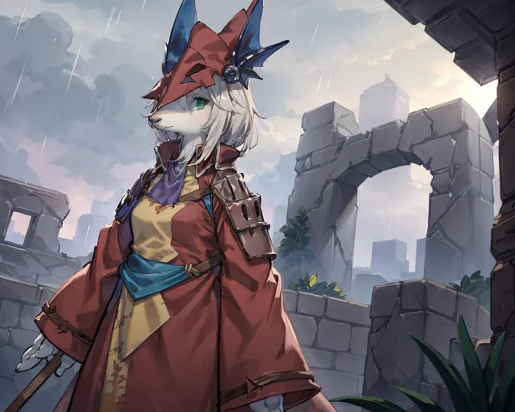 <lora:FreyaCrescentFinalFantasy0:1>, freya crescent (final fantasy), freya, green eyes,
furry, furry female, wolf girl, fox girl,
ruins, raining, looking up, expressionless, lonely, wistful expressions,
fantasy,
BREAK,
(masterpiece, best quality:1.2),
<lora:add_detail:0.5>,