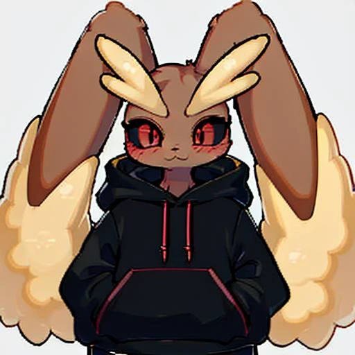 <lora:Lopunny_v1:0.9> lopunny, black hoodie, portrait, cute face, cheeky expression, large ears, looking away from viewer, hands in pockets, hands hidden, wearing headphones on head, bunny nose