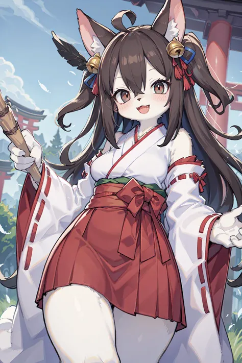 ((masterpiece, best quality)),furry, animal ears, tail, bodyfur,
(ultra-detailed), (illustration), (ultra highres), (delicate illustration), (hyper detailed),
1girl, :d, ahoge, bamboo_broom, bangs, bell, black_ribbon, blurry, blurry_background, blush, body_writing, bow, breasts, broom, brown_eyes, brown_hair, day, depth_of_field, eyebrows_visible_through_hair, feathers, hair_bell, hair_between_eyes, hair_ornament, hair_ribbon, hakama, hakama_skirt, holding, holding_broom, japanese_clothes, jingle_bell, kimono, long_hair, long_sleeves, looking_at_viewer, medium_breasts, miko, one_side_up, open_mouth, outdoors, red_bow, red_hakama, ribbon, ribbon-trimmed_sleeves, ribbon_trim, rope, shimenawa, skirt, smile, solo, torii, very_long_hair, white_feathers, white_kimono, wide_sleeves