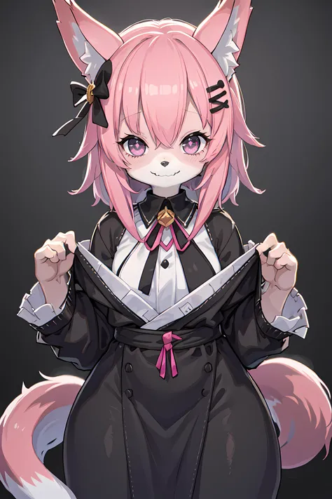 1girl, (furry:0.7), pink hair, pink eyes, black hairpin, fox ears, (black skin:1.4), digital art, luminous pupils, <lora:add_detail:0>, render, bare neck, smile
