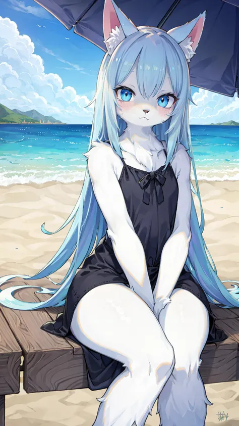 cute, young, loli, small breasts, catgirl, nude, happy, on beach, fluffy white tail, long hair, proud, white hair, confident pose, long tail