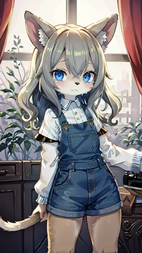 furry, lion ears, lion tail, lion hands, lion legs, young 1girl, small breasts, too fluffy, bodyfur, fur tuft, BREAK quality: A high-quality depiction of a petite, chibi-style anthropomorphic dog girl BREAK people/numbers: Single character in the scene BREAK posture: Standing slightly hunched, a picture of vulnerability BREAK face: An innocent face marked by large teary eyes, expressing sorrow BREAK hair: Soft, wavy hair that resembles dog ears BREAK eyes: Large, sorrowful eyes filled with tears BREAK clothes: Wearing a simple, cute outfit that enhances her vulnerability BREAK overall feeling: A sense of sorrow and the instinct to protect the character pervades the scene BREAK items: A discarded toy nearby, representing her innocence BREAK art effects: Chibi-style, highlighting exaggerated features and emotions BREAK atmosphere: A warm, comforting, yet sad ambiance BREAK background: A cozy indoor space, perhaps a corner of a room with a comforting atmosphere BREAK camera work: A close-up shot to capture her emotions and the details of her tears.