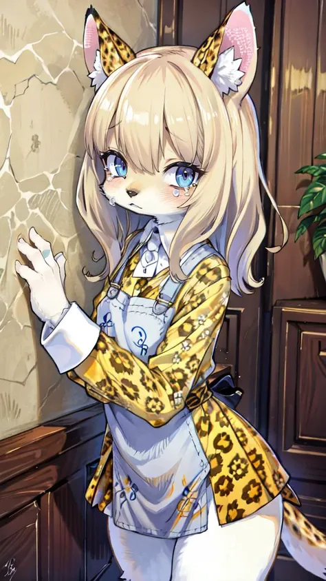 furry, leopard ears, leopard tail, leopard hands, leopard legs, young 1girl, small breasts, too fluffy, bodyfur, fur tuft, BREAK quality: A high-quality depiction of a petite, chibi-style anthropomorphic dog girl BREAK people/numbers: Single character in the scene BREAK posture: Standing slightly hunched, a picture of vulnerability BREAK face: An innocent face marked by large teary eyes, expressing sorrow BREAK hair: Soft, wavy hair that resembles dog ears BREAK eyes: Large, sorrowful eyes filled with tears BREAK clothes: Wearing a simple, cute outfit that enhances her vulnerability BREAK overall feeling: A sense of sorrow and the instinct to protect the character pervades the scene BREAK items: A discarded toy nearby, representing her innocence BREAK art effects: Chibi-style, highlighting exaggerated features and emotions BREAK atmosphere: A warm, comforting, yet sad ambiance BREAK background: A cozy indoor space, perhaps a corner of a room with a comforting atmosphere BREAK camera work: A close-up shot to capture her emotions and the details of her tears.