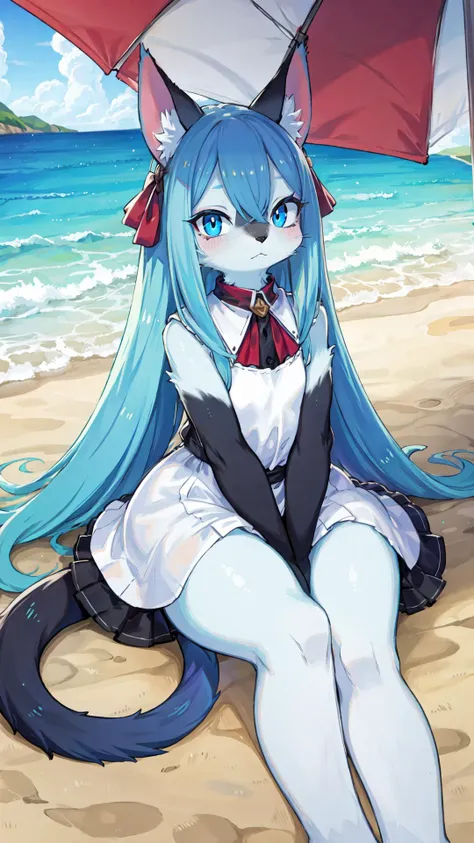 Young ragdoll cat anthro girl, furry, very fluffy bodyfur, cute and adorable, animal arms and legs, animal tail, Sitting on the beach, gazing into the distance BREAK Long, soft fur, color of seal-point ragdoll cat, Expressive face with a gentle melancholy expression, <lora:LessHighlightEyes:-0.5>, Blue eyes, looking at the horizon, Furry, cat-like ears at the top of her head BREAK Slender body, with a soft sundress draped over it BREAK Furry legs, animal-like, Sand sticking to the fur at her feet BREAK Long, fluffy tail, lying relaxed on the sand BREAK good hand, nice hand, <lyco:GoodHands-beta2:1.0> Paws holding onto the edges of the dress, BREAK A beach umbrella to her side, casting a soft shadow, The sandy beach extending into the distance, the sea reflecting the colors of the setting sun BREAK Soft lighting, shadows gently falling, Anime or Realistic style, inspired by Hayao Miyazaki or Kishimoto Masashi, Mid-angle shot BREAK The gentle rustling of the sea, a moment frozen in time, serene yet tinged with melancholy, High resolution, details finely rendered,