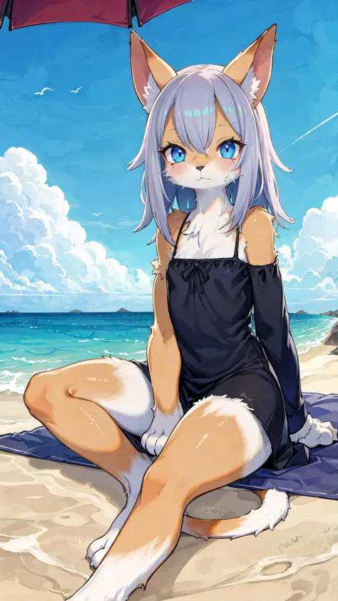 Young ragdoll cat anthro girl, furry, very fluffy bodyfur, cute and adorable, animal arms and legs, animal tail, Sitting on the beach, gazing into the distance BREAK Long, soft fur, color of seal-point ragdoll cat, Expressive face with a gentle melancholy expression, <lora:LessHighlightEyes:-0.5>, Blue eyes, looking at the horizon, Furry, cat-like ears at the top of her head BREAK Slender body, with a soft sundress draped over it BREAK Furry legs, animal-like, Sand sticking to the fur at her feet BREAK Long, fluffy tail, lying relaxed on the sand BREAK good hand, nice hand, <lyco:GoodHands-beta2:1.0> Paws holding onto the edges of the dress, BREAK A beach umbrella to her side, casting a soft shadow, The sandy beach extending into the distance, the sea reflecting the colors of the setting sun BREAK Soft lighting, shadows gently falling, Anime or Realistic style, inspired by Hayao Miyazaki or Kishimoto Masashi, Mid-angle shot BREAK The gentle rustling of the sea, a moment frozen in time, serene yet tinged with melancholy, High resolution, details finely rendered,