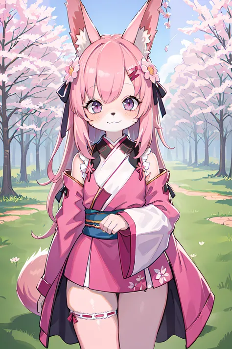 1girl, (furry:0.7), pink hair, pink eyes, white hairpin, fox ears, pink skin, digital art, luminous pupils, <lora:add_detail:0>, render, she's happy, looking at viewer, pink bg, sakura tree, flowers, sakura