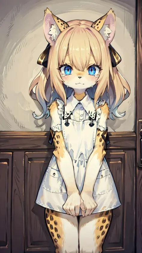 furry, (nsfw:1.2), cheetah ears, cheetah tail, cheetah hands, cheetah legs, young 1girl, small breasts, too fluffy, bodyfur, fur tuft, BREAK quality: A high-quality depiction of a petite, chibi-style anthropomorphic dog girl BREAK people/numbers: Single character in the scene BREAK posture: Standing slightly hunched, a picture of vulnerability BREAK face: An innocent face marked by large teary eyes, expressing sorrow BREAK hair: Soft, wavy hair that resembles dog ears BREAK eyes: Large, sorrowful eyes filled with tears BREAK clothes: Wearing a simple, cute outfit that enhances her vulnerability BREAK overall feeling: A sense of sorrow and the instinct to protect the character pervades the scene BREAK items: A discarded toy nearby, representing her innocence BREAK art effects: Chibi-style, highlighting exaggerated features and emotions BREAK atmosphere: A warm, comforting, yet sad ambiance BREAK background: A cozy indoor space, perhaps a corner of a room with a comforting atmosphere BREAK camera work: A close-up shot to capture her emotions and the details of her tears.