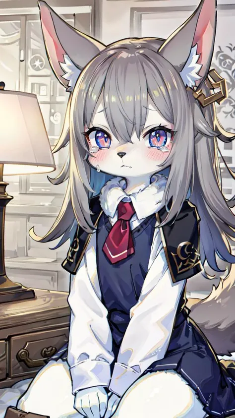 furry, anthro , young female, small breasts, bodyfur too fluffy, <input:people> A female canine beastfolk child BREAK <input:posture> Sitting down, her body slightly curled up BREAK <input:hand shape> Hands are on her lap, clutching a handkerchief BREAK <input:face> Tears are streaming down her cheeks BREAK <input:hair> Short and messy, much like a dog's fur BREAK <input:eyes> Her eyes are big and filled with tears, they look pleading BREAK <input:clothes> She's wearing simple, anime-styled clothing BREAK <input:illustration feeling> A strong sense of sadness with a hint of hope BREAK <input:items> A handkerchief, possibly a dimly lit lamp if it fits the scene BREAK <input:art effects> Anime style with a focus on the character's expression BREAK <input:atmosphere> Dark but not completely black, akin to twilight BREAK <input:background> Simple and blurry, putting the focus on the character BREAK <input:perspective> Eye level, medium shot to encompass the whole character BREAK <input:illustration quality> High-quality, with emphasis on the character's emotions