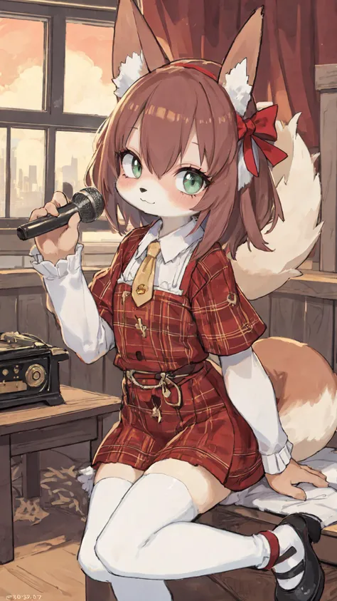 Young anthropomorphic fox girl, furry vibrant orange fluffy bodyfur, cute and adorable anthro fox arms and legs, long bushy fox tail, Casually leaning against an old gramophone with a vintage vinyl record in her hands. BREAK Short, wavy auburn hair, Gentle face with a soft, nostalgic smile, <lora:LessHighlightEyes:-0.5>, Bright emerald eyes with a touch of longing, Pointed, upward-facing fox ears BREAK Petite body, Wearing a (vintage plaid dress:1.1) typical of the (1930s:1.2) BREAK Svelte fox legs, Wearing white (knee-high socks:1.1) and classic black Mary Jane shoes BREAK Long bushy (fox tail:1.1) adorned with a neatly (tied bow:1.1) BREAK Good and nice hand <lyco:GoodHands-beta2:1.0>, Hand delicately holding a vinyl record, BREAK In a room filled with 1930s decor, old gramophone, View of a cityscape in the 1930s through a nearby window BREAK Golden sunset lighting casting warm hues, Art style reminiscent of Norman Rockwell, Camera angled for a medium shot, slightly low angle BREAK (Retro style:1.5), A young anthropomorphic fox girl reminiscing the jazz era in a nostalgic (1930s American:1.1) setting, High resolution, vintage-realistic illustration.