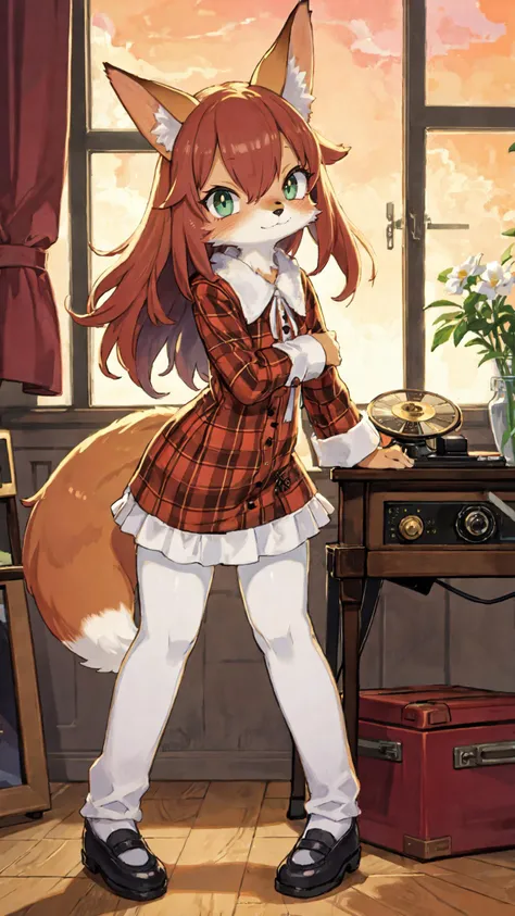 Young anthropomorphic fox girl, furry vibrant orange fluffy bodyfur, cute and adorable anthro fox arms and legs, long bushy fox tail, Casually leaning against an old gramophone with a vintage vinyl record in her hands. BREAK Short, wavy auburn hair, Gentle face with a soft, nostalgic smile, <lora:LessHighlightEyes:-0.5>, Bright emerald eyes with a touch of longing, Pointed, upward-facing fox ears BREAK Petite body, Wearing a (vintage plaid dress:1.1) typical of the (1930s:1.2) BREAK Svelte fox legs, Wearing white (knee-high socks:1.1) and classic black Mary Jane shoes BREAK Long bushy (fox tail:1.1) adorned with a neatly (tied bow:1.1) BREAK Good and nice hand <lyco:GoodHands-beta2:1.0>, Hand delicately holding a vinyl record, BREAK In a room filled with 1930s decor, old gramophone, View of a cityscape in the 1930s through a nearby window BREAK Golden sunset lighting casting warm hues, Art style reminiscent of Norman Rockwell, Camera angled for a medium shot, slightly low angle BREAK (Retro style:1.5), A young anthropomorphic fox girl reminiscing the jazz era in a nostalgic (1930s American:1.1) setting, High resolution, vintage-realistic illustration.